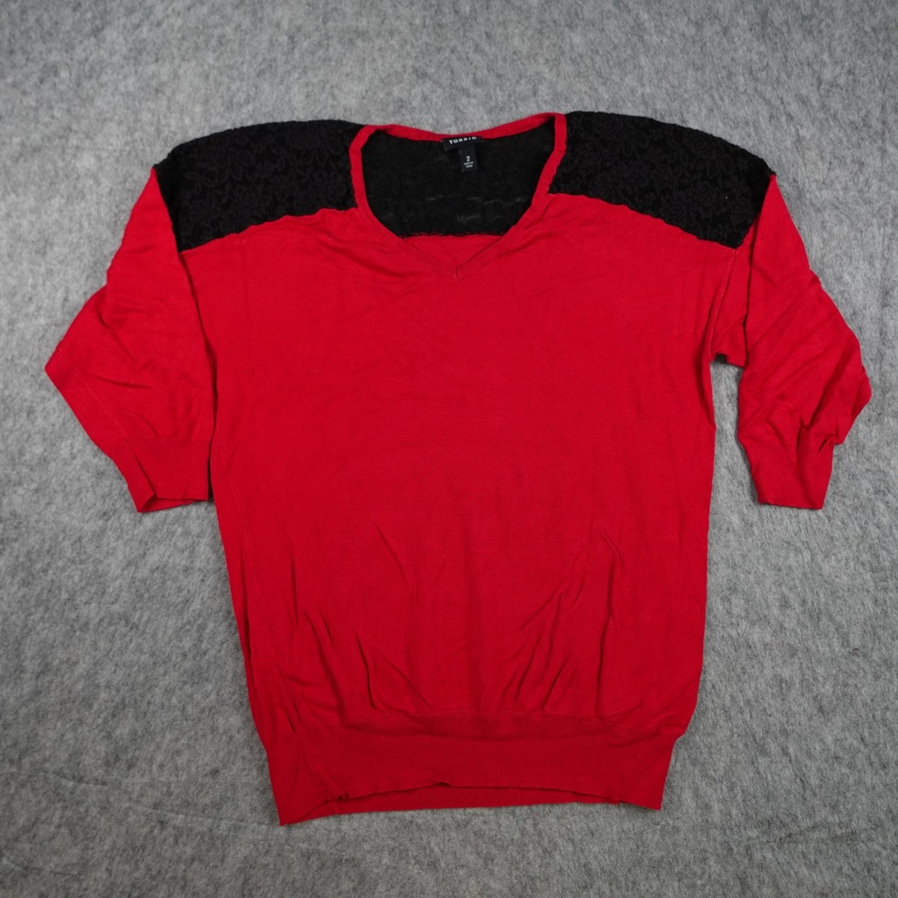 Torrid Top Women 2X Red Lace Yoke V Neck Dolman 3/4 Sleeve Pullover Blouse